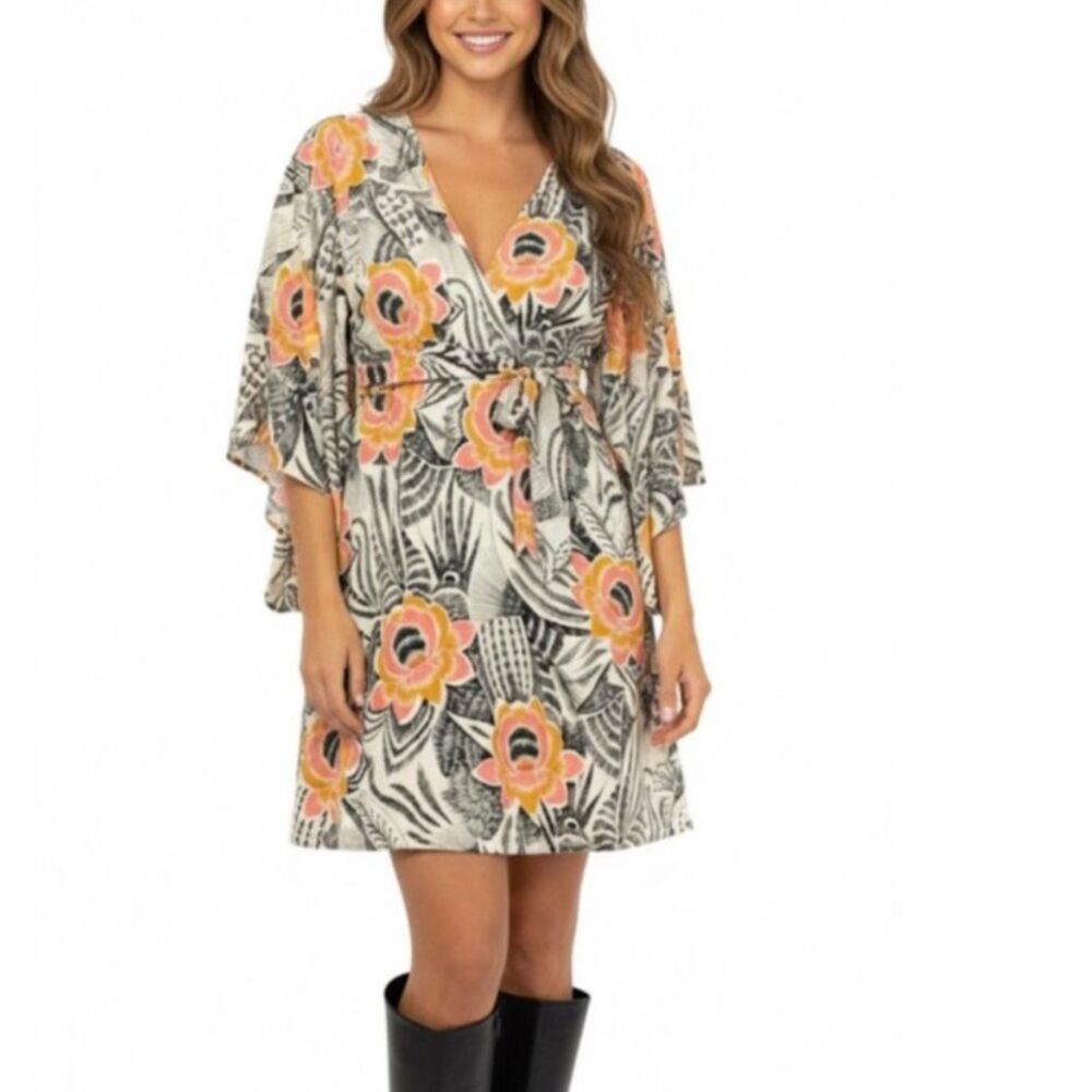 Veronica M Ivory Black Pink Floral Print Faux Wrap Flutter Sleeve Mini Dress M